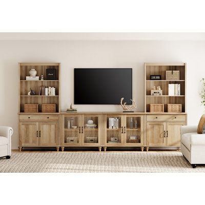 Scarlett Entertainment Center With Bookshelves For Tvs, Farmhouse Wall Unit TV Stand With Glass Doors & Drawer , Bedroom & Home Theater