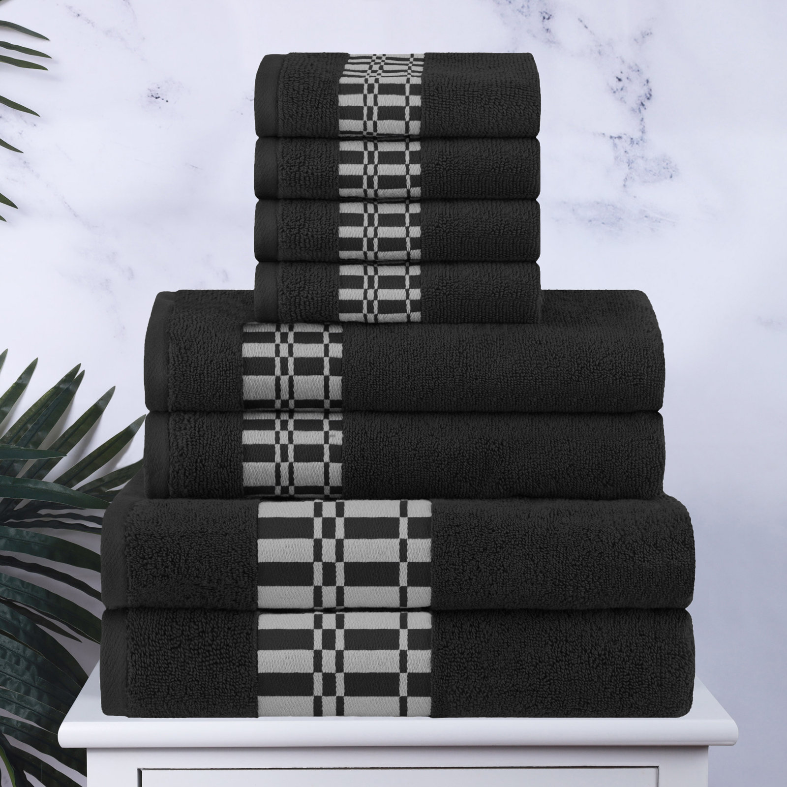 8-Piece Geometric Border Cotton Towel Set, Black