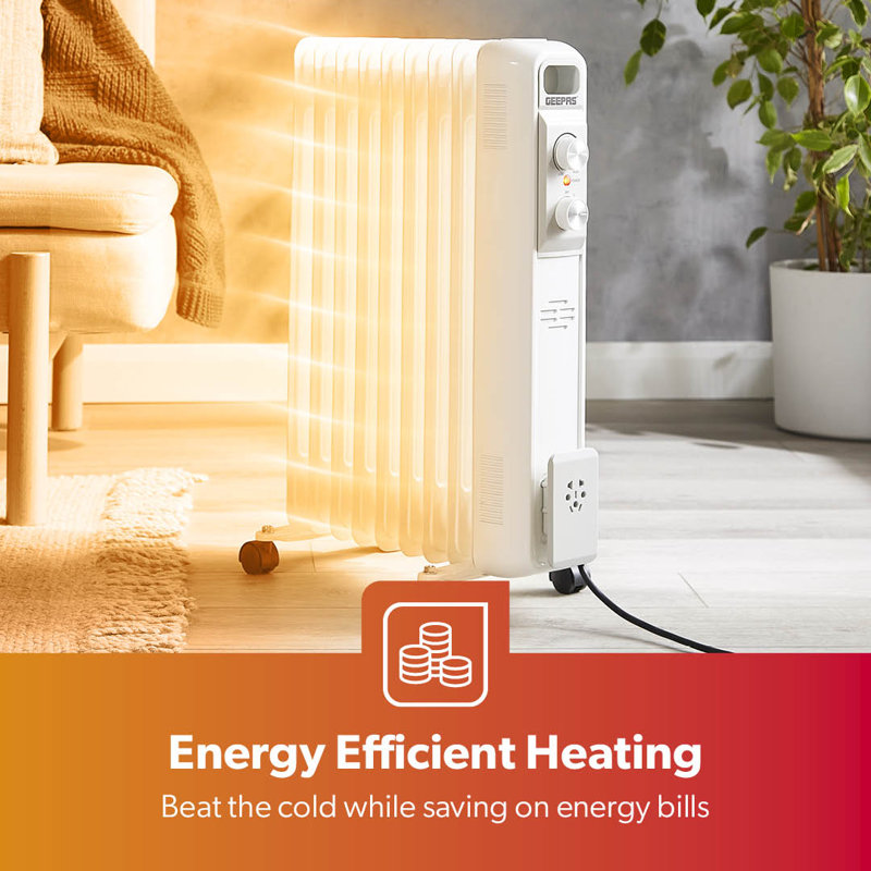 GEEPAS Oil Filled Radiator Heater | Portable Electric Heater 3 Heat Settings | Adjustable Thermostat Safety Cut-off Overheat Protection Energy Efficient Heating | 2 Year Warranty