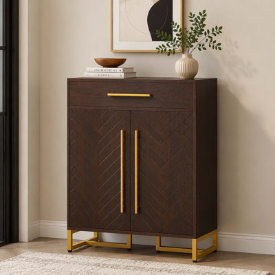 Dark Walnut Herringbone Double‑Door Shoe Cabinet with Drawer & Gold Metal Accents, 5‑Tier Adjustable Shoe Storage Cabinet for Entryway, Hallway, Living Room