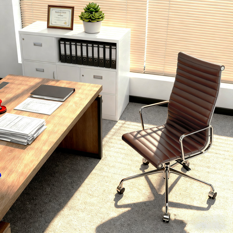 Chaise de bureau en cuir véritable avec structure et base en aluminium, chaise de salle de conférence pivotante, Marron foncé