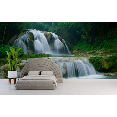 Murale cascade pour chambre à coucher - Papier peint scène de nature tranquille - Décoration murale cascade forêt - Art mural photo panoramique