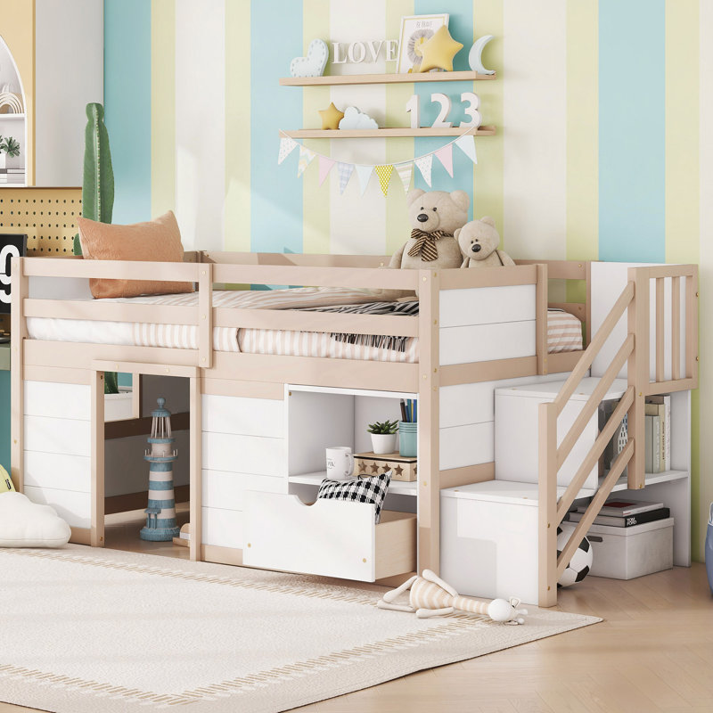 Solid Wood Low Loft Bed With Stair, Drawer, And Shelf, Cream/White