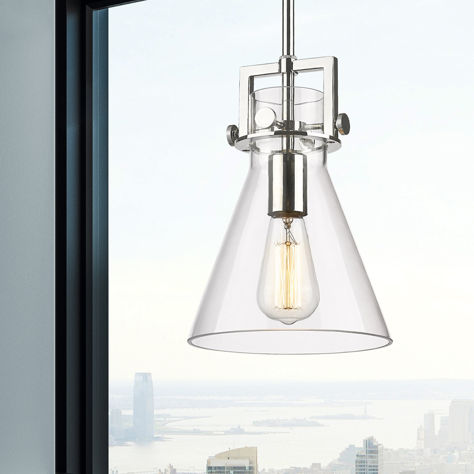 Coterie Single Light Glass Dimmable Pendant, Clear, Polished Nickel, 11.38" H x 8" W x 8" D