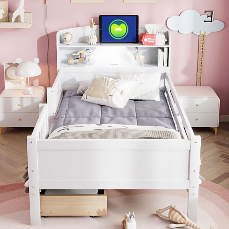 Wood Twin Size Platform Bed With Built-In LED Light, Multi-Functional Headboard, Guardrail And 2 Drawers (Bed), White