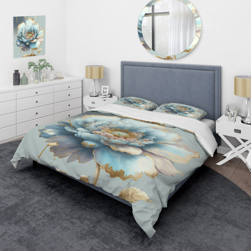 Chic Blue Blooming Flower IV - Ensemble de housse de couette floral - Microfibre de polyester