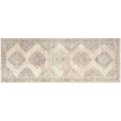 Tapis de couloir brun clair en laine noué à la main de conception unique 4 pi 9 po x 13 pi années 1960