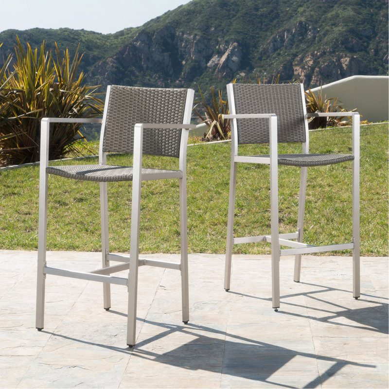 Outdoor 29.50" Rust-Proof Aluminum Barstools With PE Rattan Seat And Backrest, Set Of 2, Silver & Grey, Silver/Gray