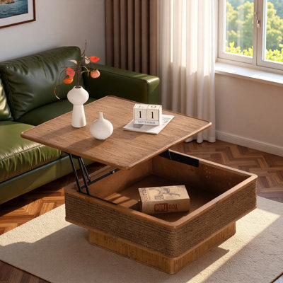 Table basse 31,52 "carrée en rotin + corde de chanvre avec mécanisme de levage et espace de rangement caché