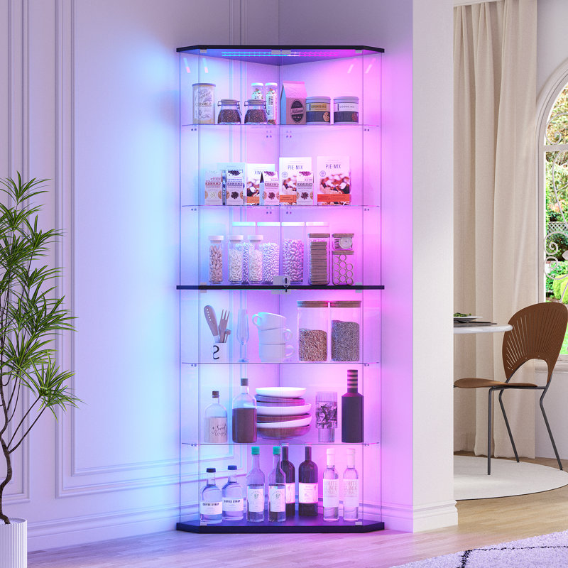 Vitrine d'angle moderne avec éclairage RVB contrôlé par l'application et tablettes en verre - Grande armoire vitrée avec serrure