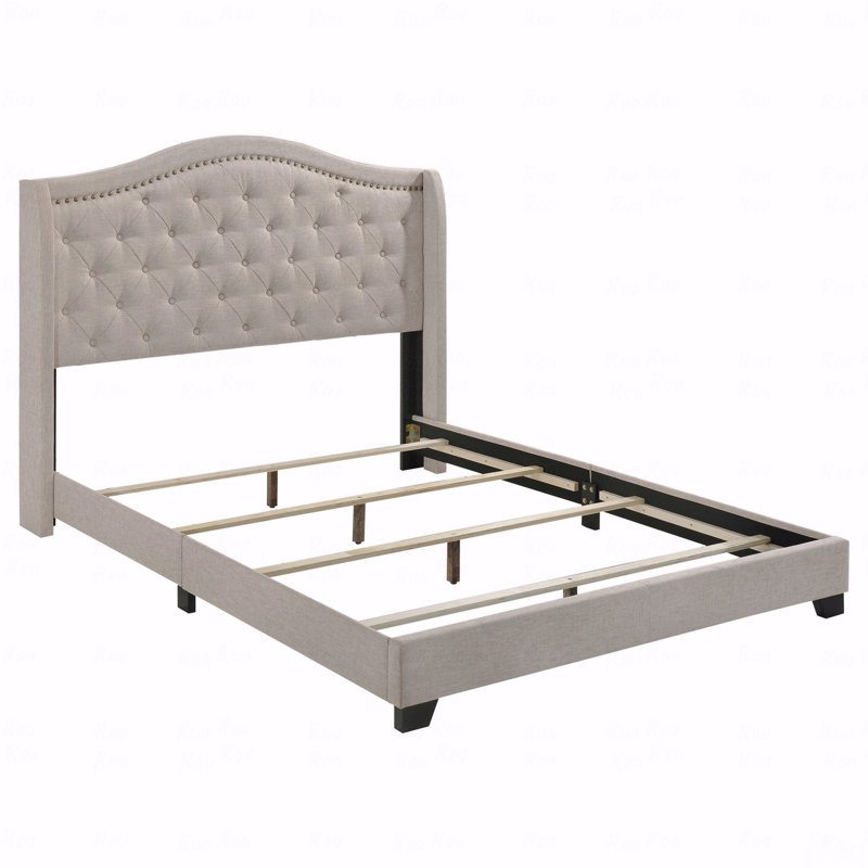 Structure de grand lit avec dossier à oreilles et revêtement en cuivre beige, Beige, Grand lit