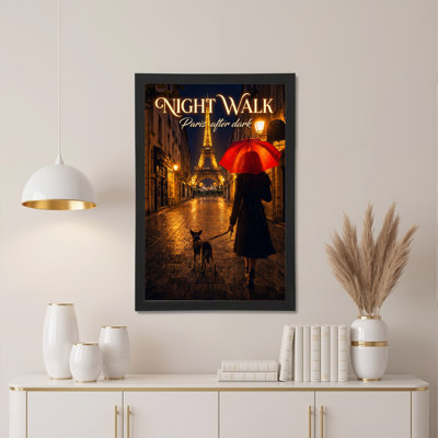 «Night Walk Paris After Dark», reproduction d'art sur toile tendue sur toile tendue avec tour Eiffel et parapluie rouge pour salon, chambre à coucher ou bureau