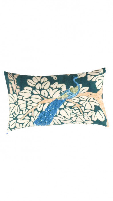 Turkish Fine Silk oriental Pillow 16"X24", Blue/White/Green;Beige