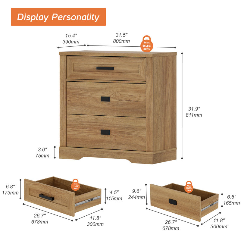 Commode 3 tiroirs Glenford, Chêne rétro