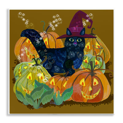 Chat avec plaque murale Jack-o-Lanterns, design par Kay Widdowson