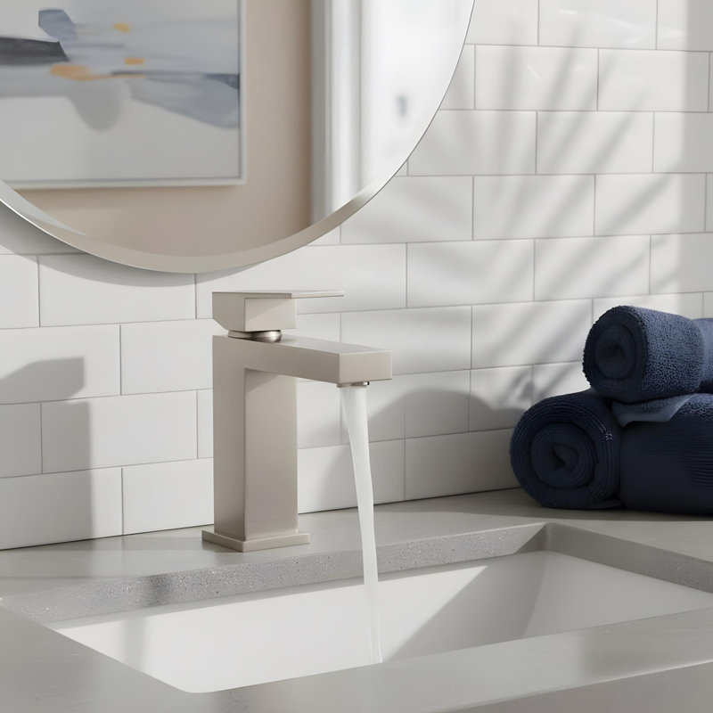 Square Bathroom Sink Faucet with Single Handle and Pop-Up Drain Assembly, Brushed Nickel