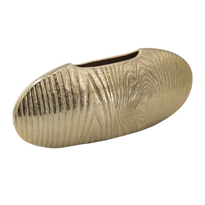 Judah Oval Disc Vase, Carved Timber-Like Texture, Gold Aluminum 16 Inch