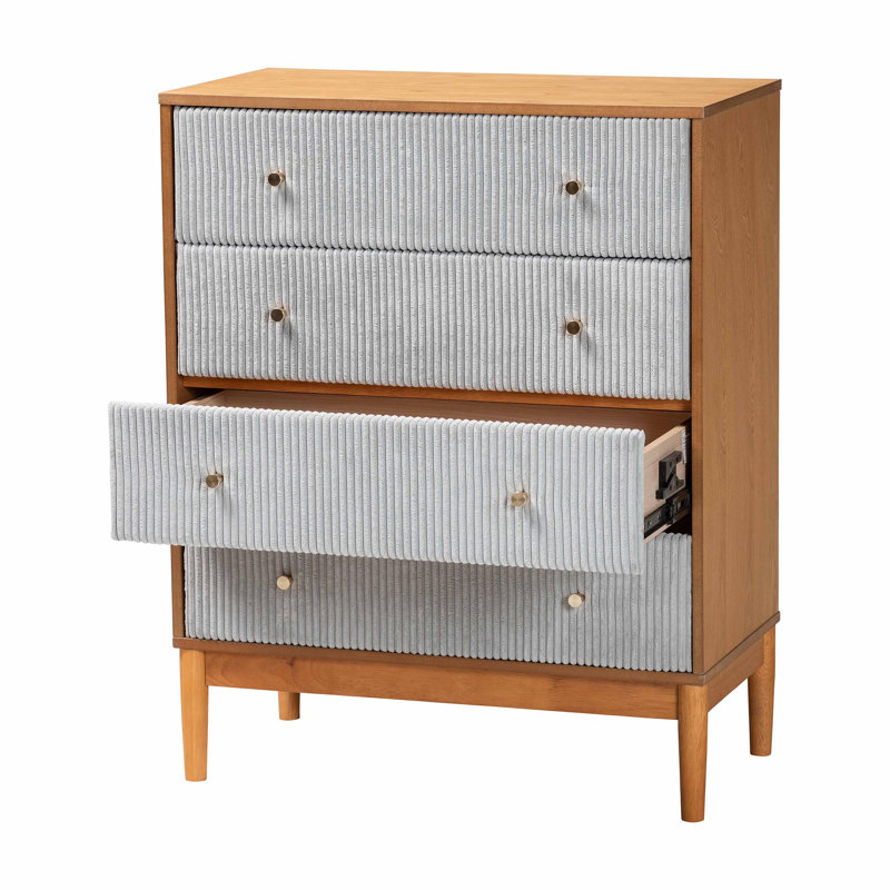 Commode 4 tiroirs en velours côtelé gris et chêne brun Taylin