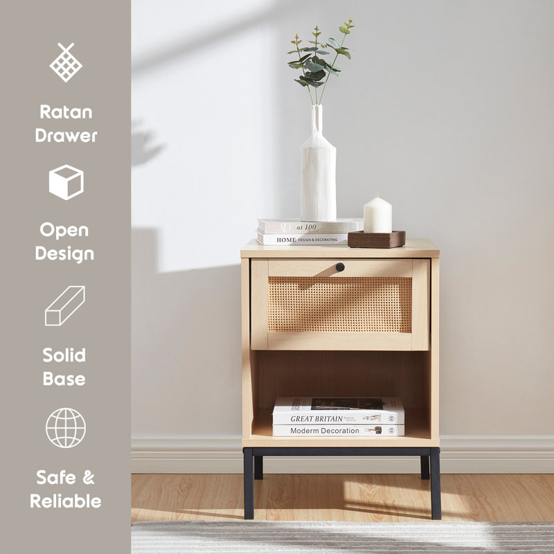 Nestl Wooden Rattan Nightstand End Table with Drawer, Natural, 2
