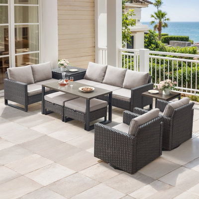 Ingvald 7-9 Person All-Weather Wicker Outdoor Conversation Set Seating Group With Swivel Chairs And Coffee Table