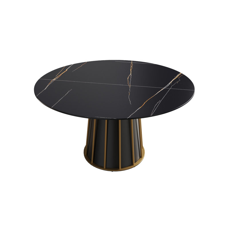Table de salle à manger moderne 53,15 po en pierre artificielle ronde en métal noir avec base en fer pouvant accueillir 6 personnes (sans les chaises)