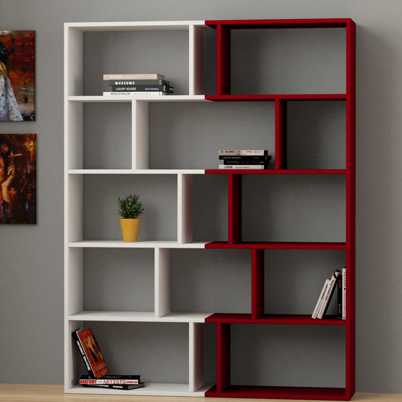Geometric Bookcase, White/Burgundy