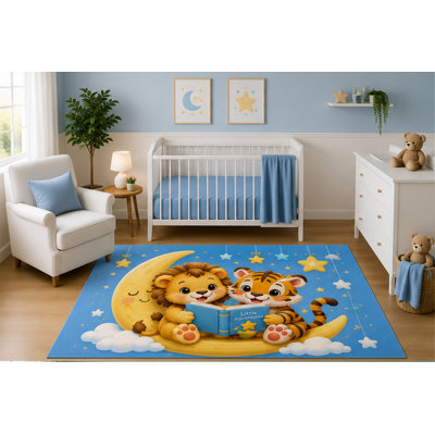 "Ultra Lightweight" 5'x7' Watercolor Lion and Tiger Reading on Moon Nursery Area Rug, Cute Safari Animal Kids Bedroom Playroom Decor Carpet, Non-Slip Silicone Backing Low Pile