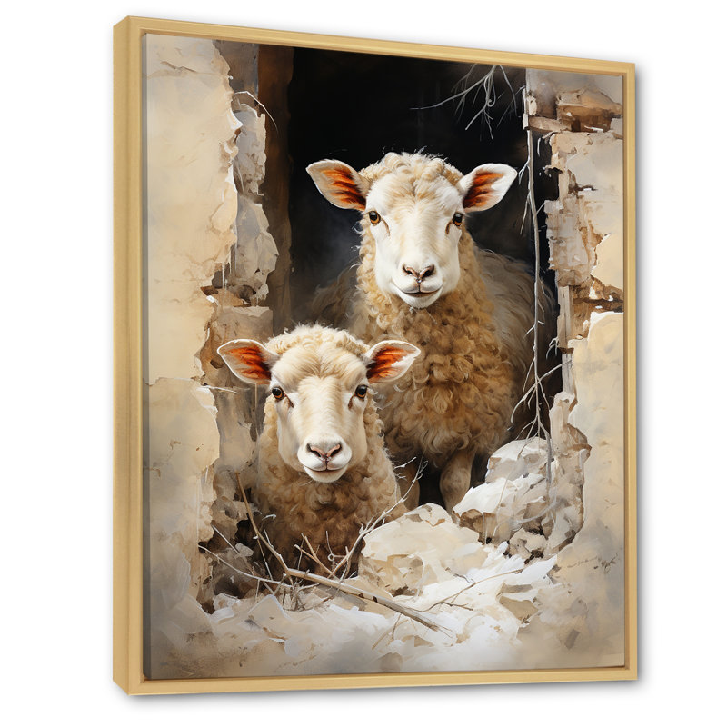 «Beige Sheep Rustic Ruminations I», reproduction d'art sur toile, H 32 po x l 24 po, Cadre naturel flottant
