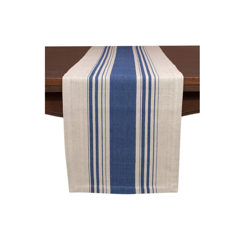 Jacqueline Striped 100% Cotton Table Runner, Navy/Flax