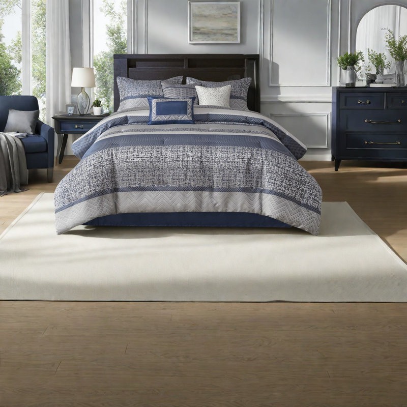 Ensemble de literie luxueux en jacquard bleu marine, édredon en polyester au design chic