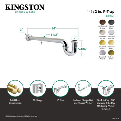 Kingston Brass Trimscape 1-1/4 (or 1-1/2) x 1-1/2 Inch Decor P-Trap with High Box Flange, 24 Inch Length, 18 Gauge