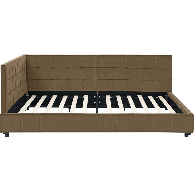 Mid-century Style Full Size Bed Frame, Velvet Upholstery With Armrest And , For Bedroom Living Room, Strong , Brown Comfortable Daybed Upholstered Armrest, Made Of Eucalyptus Wood,