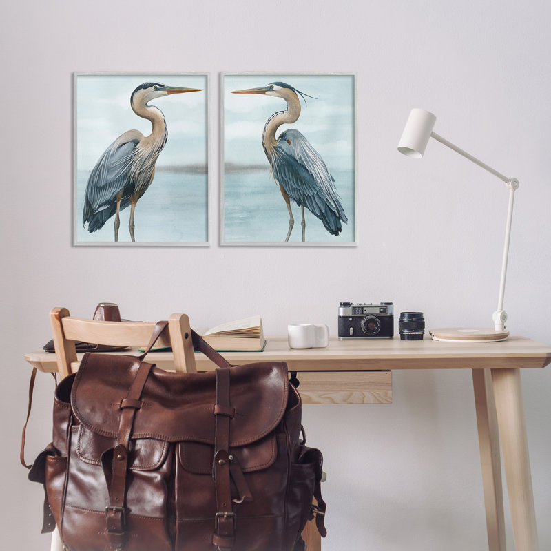 Detailed Heron Bird Duo 2 Piece Gray Framed Giclee Art Set by Grace Popp, 20" H x 16" W, Farmhouse Gray Framed Giclee