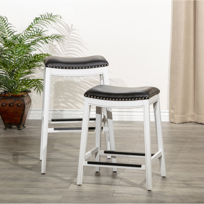 Tabouret de bar de 30 po, cuir blanc et noir, structure en bois franc massif pour une durabilité dans la cuisine Siège confortable avec mousse haute, s'adapte aux environnements