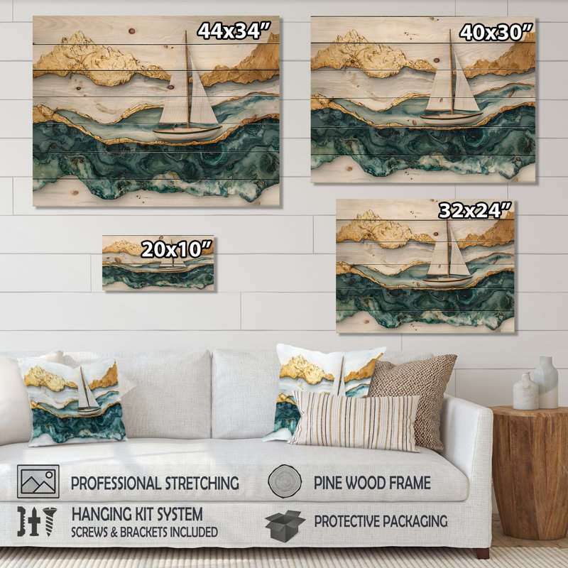 Voilier doré sur l'océan Emerald IV - décoration murale bateau en bois - sur bois de pin naturel
