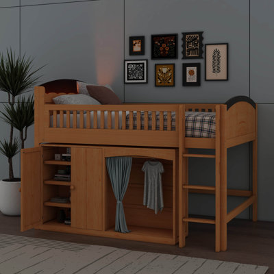 Lit mezzanine avec armoire de rangement, garde-robe et éclairage intégré, lit mezzanine en bois robuste avec échelle et rails de sécurité pour adolescents