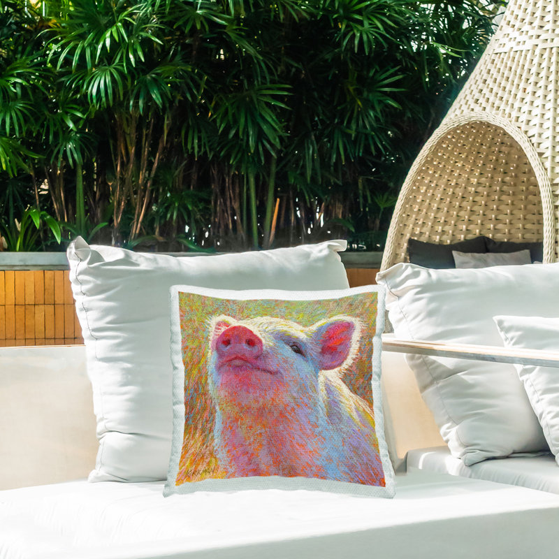 Coussin d'extérieur imprimé Impressionniste souriant cochon par Rita Kirkman