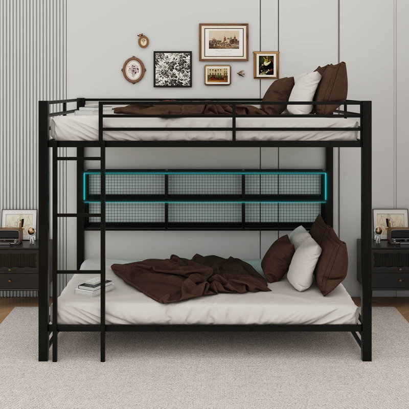 Metal Queen Over Queen Bunk Bed With Cabinets And LED