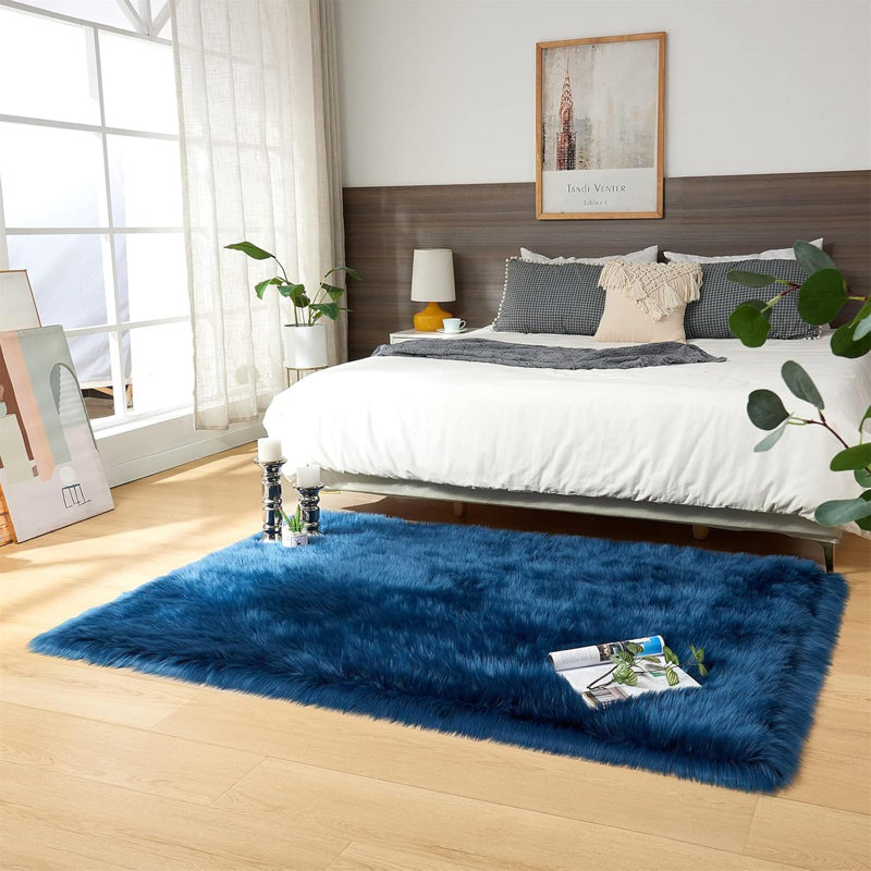 Ultra Soft Fluffy Shaggy Faux Fur Area Rug 4X6 Ft Dark Blue - Fuzzy Rug For Bedroom Sofa Living Room Floor Chair Pad