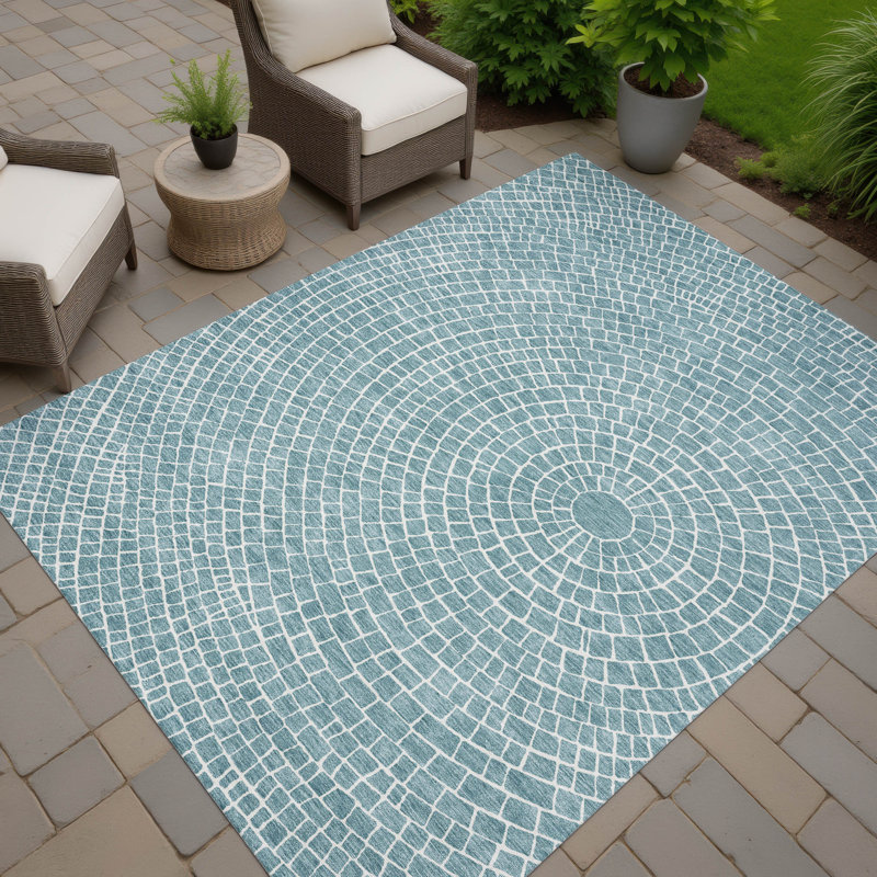 Tapis géométrique intérieur / extérieur lavable à la machine Chantille ACN2455, Sarcelle, 3 pi x 5 pi