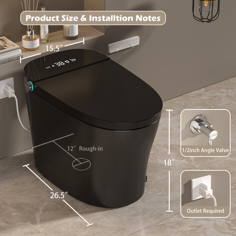 Toilette intelligente à bidet avec couvercle à ouverture / fermeture automatique, capteur de chasse et de chasse d'eau automatique, siège chauffant, lavage à l'eau chaude, affichage à DEL, veilleuse, installation brute de 12 pouces