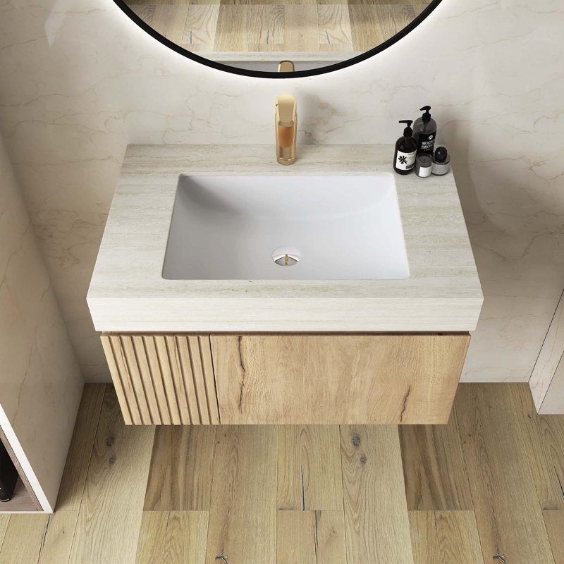 Meuble-lavabo mural pré-assemblé en contreplaqué avec lavabo, tiroir et porte, Beige