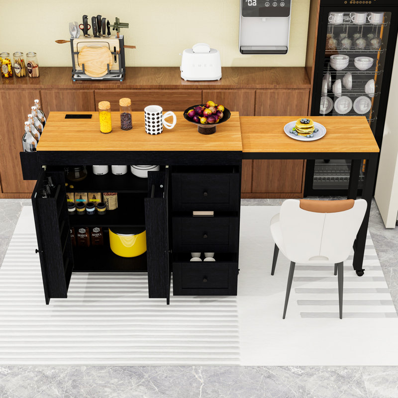 Chariot roulant pour îlot de cuisine avec table extensible, 3 tiroirs, armoire de rangement et prise de courant, Noir