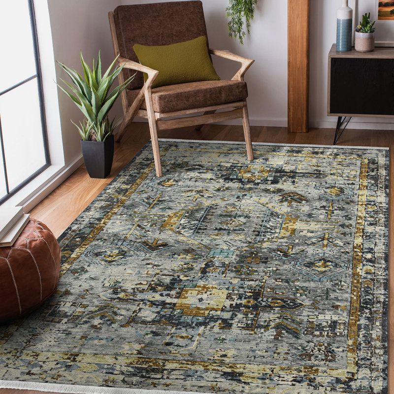 Wool Geometric Area Rug in Gray, Rectangle 2' x 3'