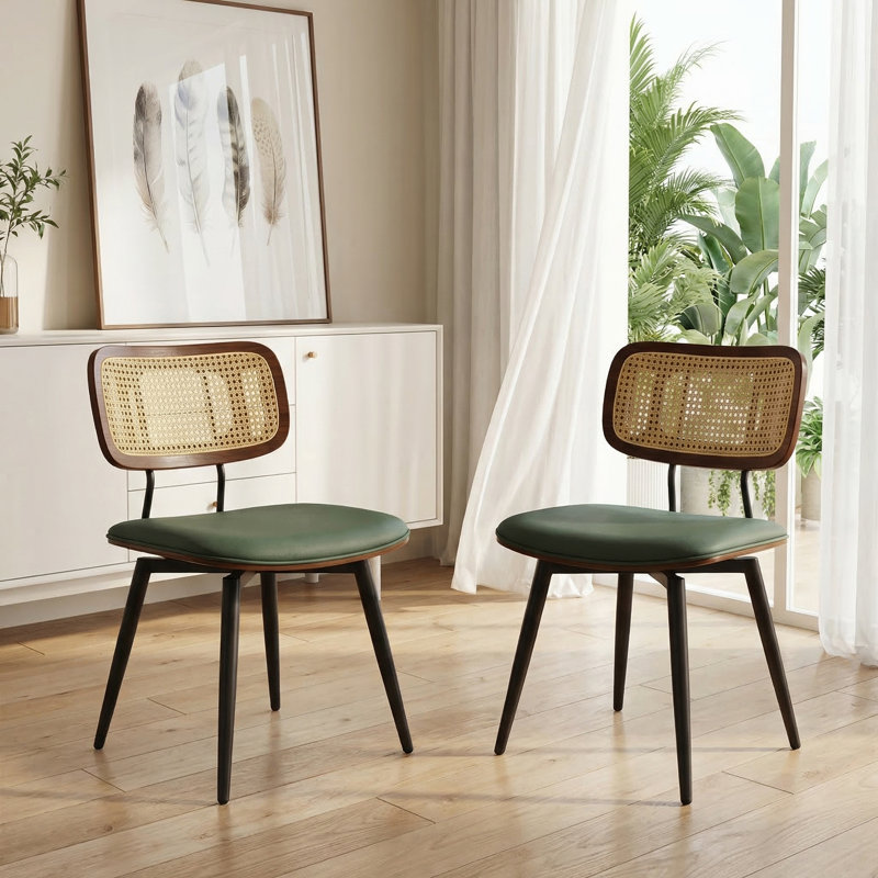 Chaises de salle à manger modernes pivotantes en similicuir avec dossier en rotin, Vert, 2
