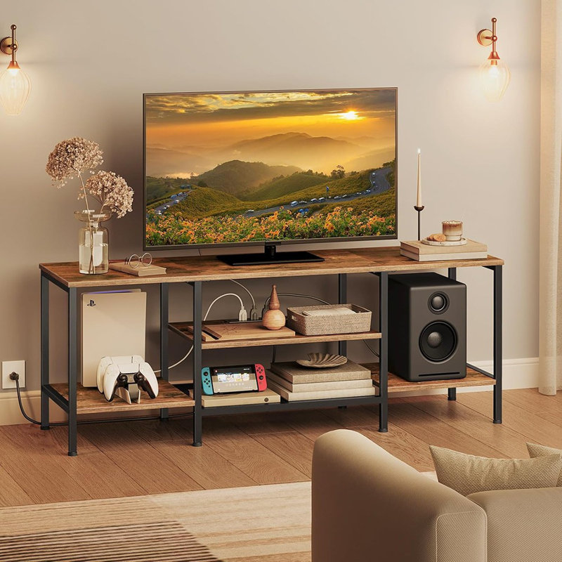Meuble télé avec prises de courant jusqu'à 65 pouces, console de télévision avec tablettes de rangement ouvertes, meuble multimédia industriel