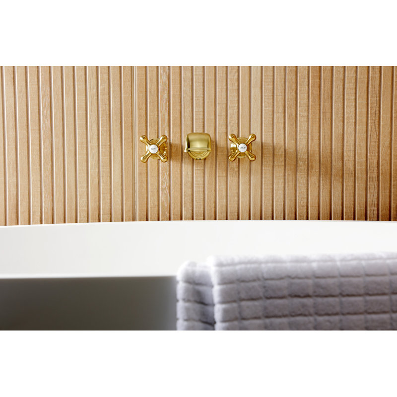 Kingston Brass Two-Handle 3-Hole Wall Mount Roman Tub Faucet, Cross, Brushed Brass