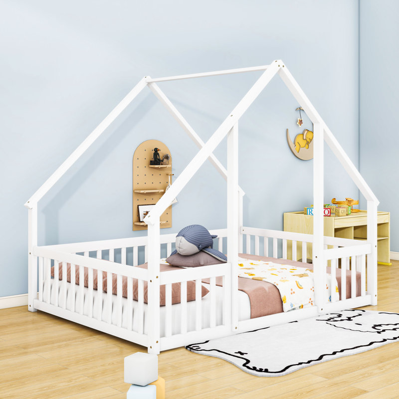 Wood House-Shaped Floor Bed With Fence, Full, White