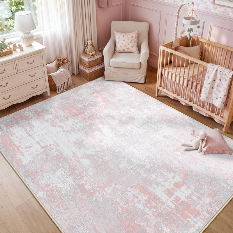 Modern Abstract Printed Area Rug Non-Slip Machine Washable Low Pile for Living Room Bedroom, Rectangle 6' x 9', Gray/Pink