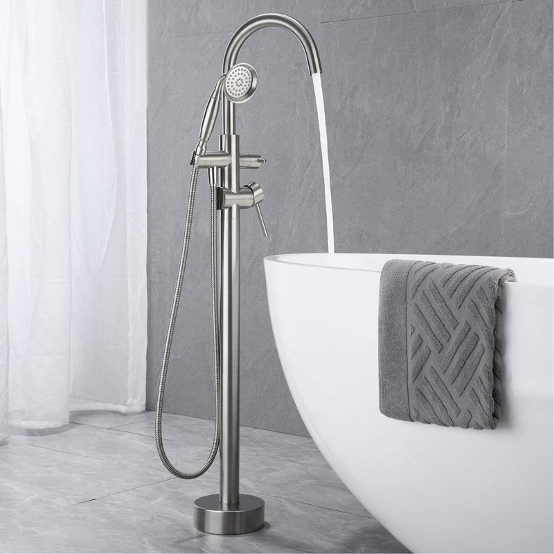 Freestanding Tub Filler Bathtub Faucet Brushed Nickel with Hand Held Shower Floor-Mount, Brushed Nickel
